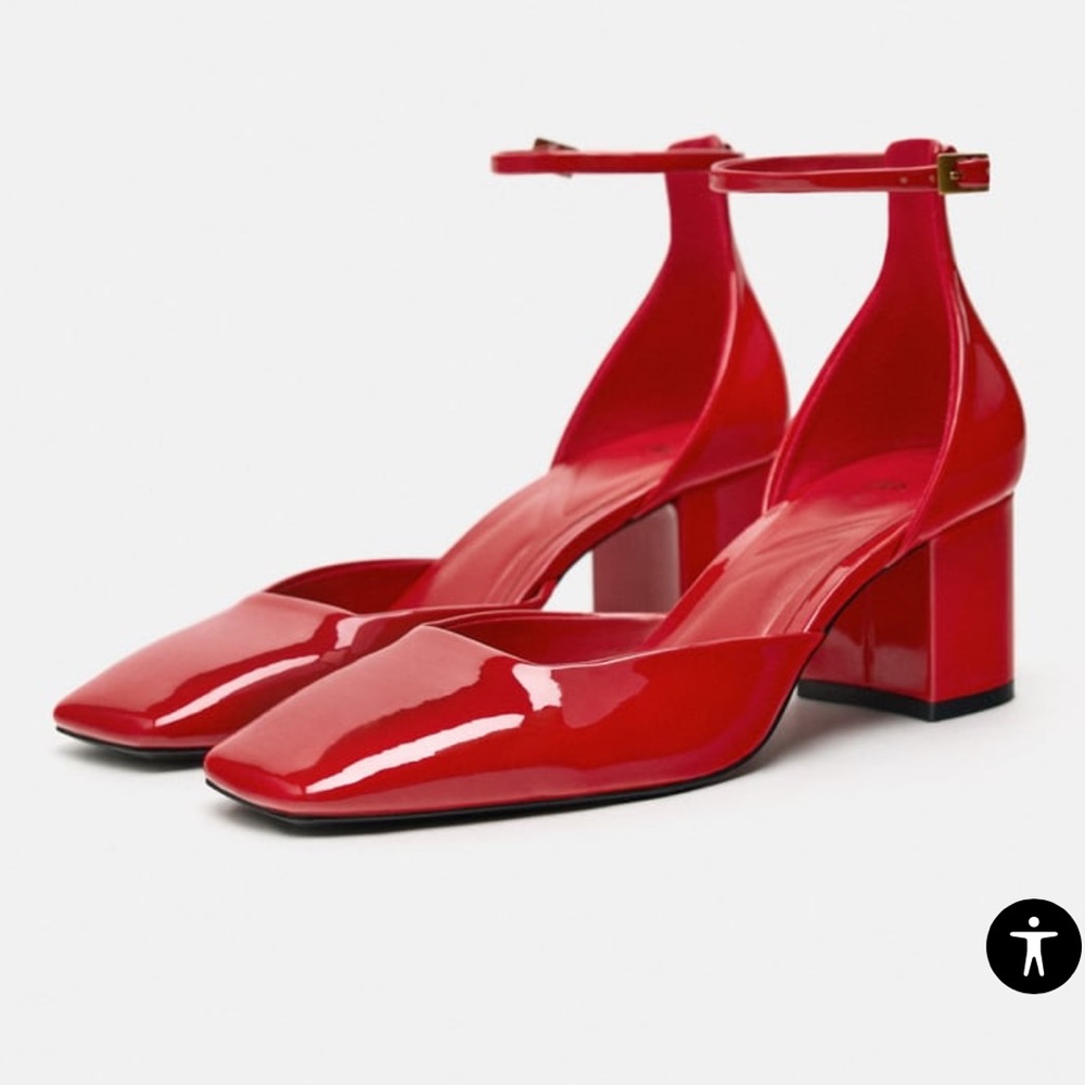 ZARA RED FAUX PATENT LEATHER BLOCK HEEL SHOES, Size 38